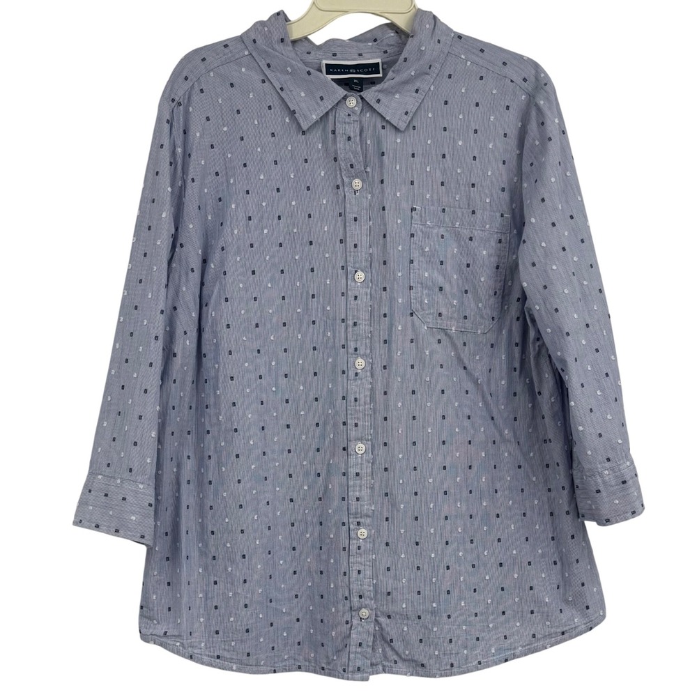 Karen Scott Cotton Women XL Blue SwissDot Button Down Shirt Preppy Office Casual